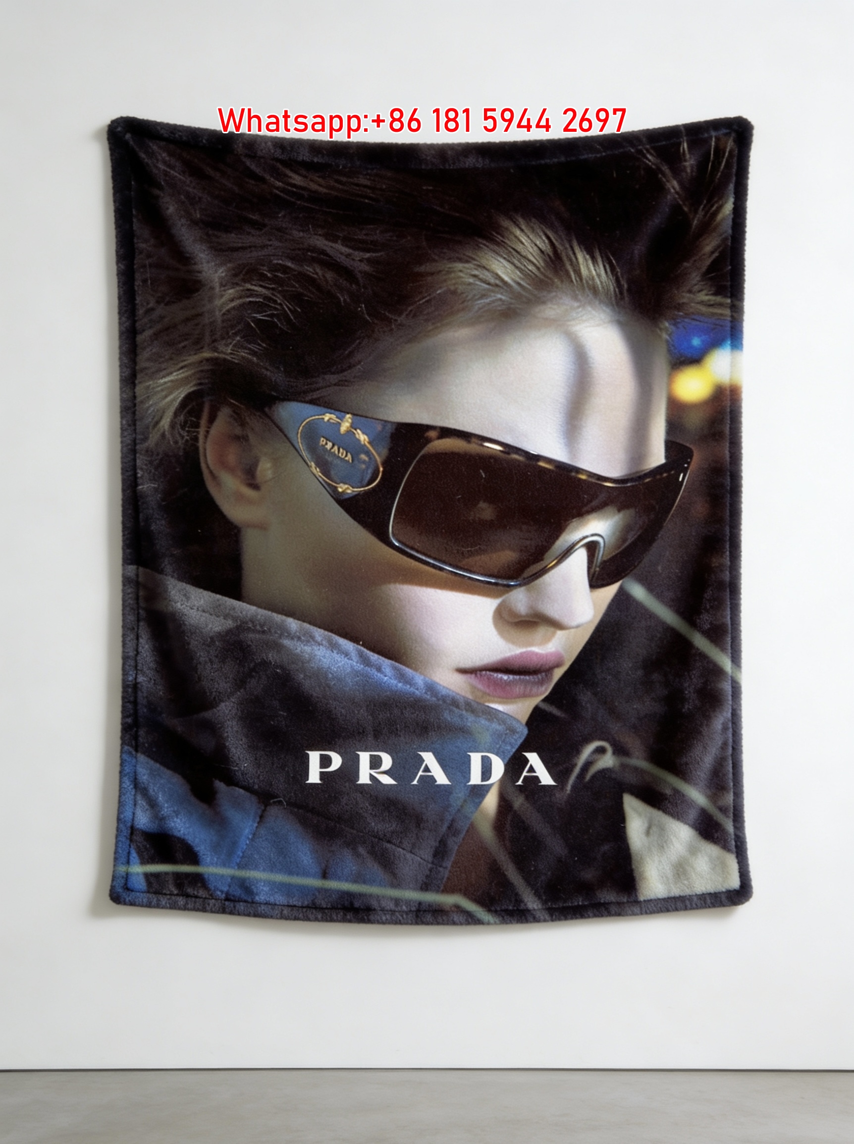Prada Iconic Sunglasses Print Flannel Sofa Throw Blanket Retro Dark Blue Black Luxury Wall Hanging Decor Blanket IMG_2819